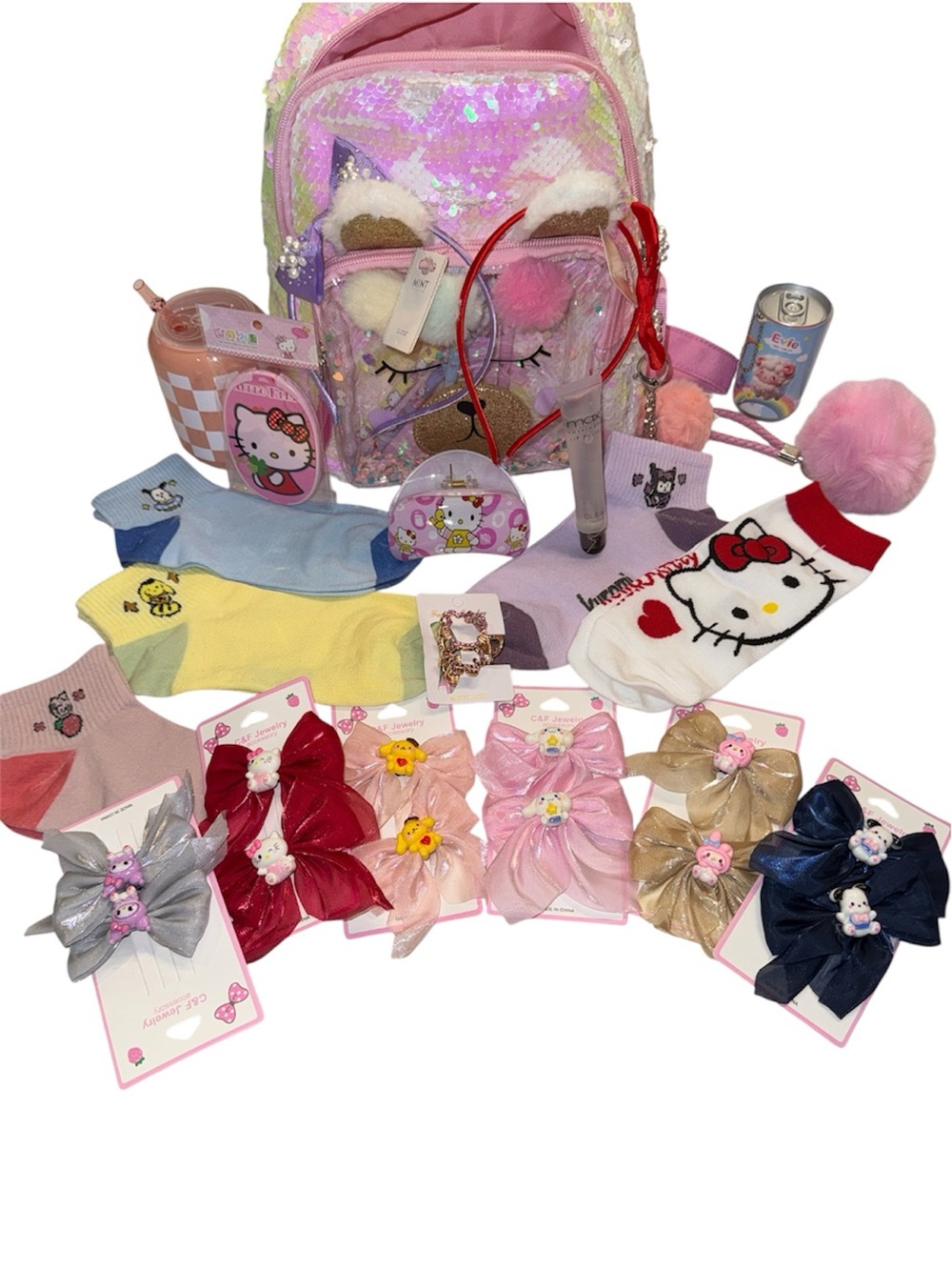 Cat & Jack Pink Sequin Backpack with Wristlet, Hair Bows, Socks 21 Piece Set NWT